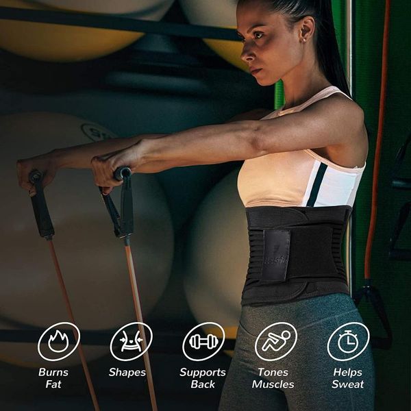 

waist training belt, adjustable ergonomic hook and loop belt strap, honeycomb breathable fabric (black), Black;gray