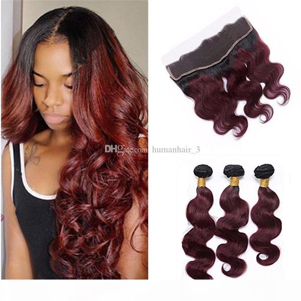 

dark root ombre hair bundles with lace frontal 13x4 wine red 1b 99j body wave hair extensions with lace frontal closure, Black;brown