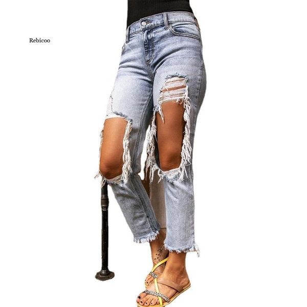 

women's jeans ladies tattered high street fashion retro tasseled big hole straight trousers summer, Blue