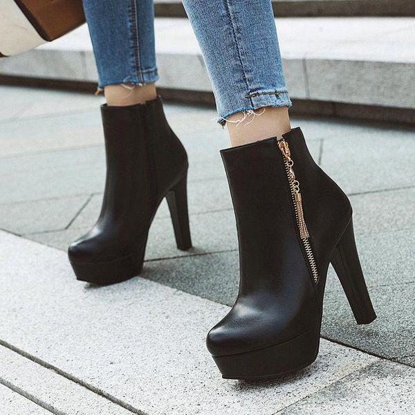 

boots autumn women platform square high heel ankle woman round toe winter fashion female shoes black white