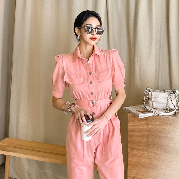 

elegant lady short sleeve single-waisted pockets general bodysuit pants ta3595 q7ux, White