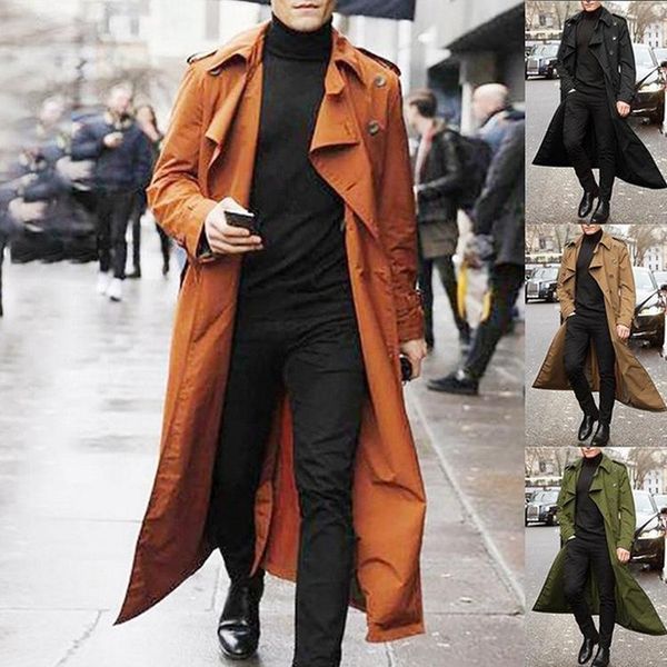 

men's trench coats mens long coat lapel fashion casual overcoat outwear double breasted spring and autumn, Tan;black