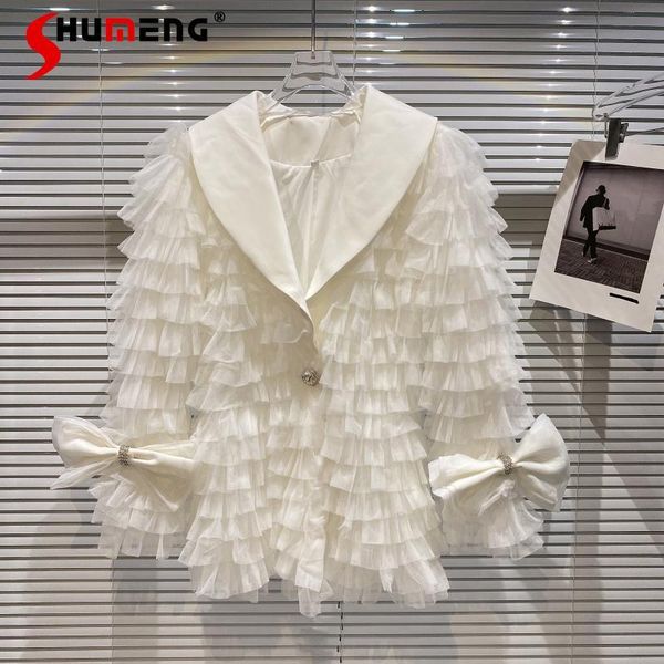 

women's jackets 2021 autumn bow drill buckle multi-layer mesh fairy short coat women's top, Black;brown