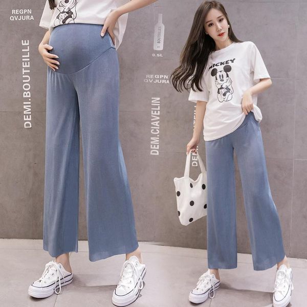 

maternity bottoms 2021 summer wide-legged fashion pregnant women trousers solid color high waist belly pants plus size cotton bootcut, White