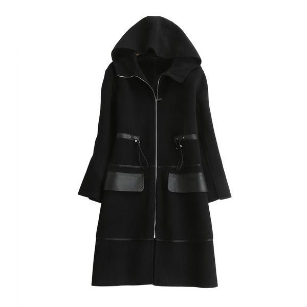 

women's wool & blends fashion double face cashmere fabrics women high grade hooded long overcoat spliced sheep leather no lining s/m/l, Black