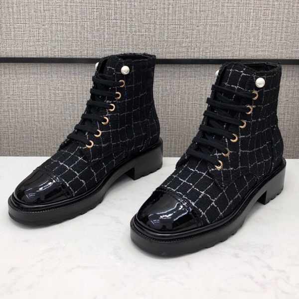 

new paris brands socialite booties women tweed martin boot plaid pearl button cowskin leather boots vintage luxurys designers shoes, Black