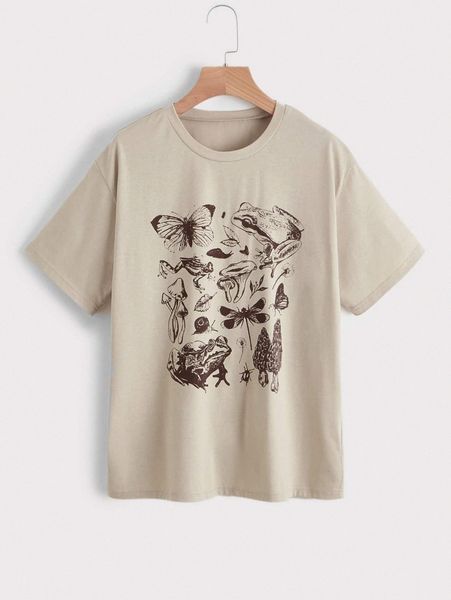 

mushroom and butterfly print short sleeve tee p615#, White