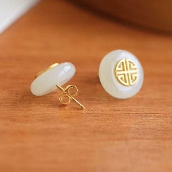 

stud silver inlaid natural hetian white jade earrings chinese style retro unique ancient gold craft charm women's brand jewelry, Golden;silver