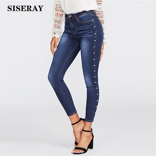 

women's jeans blue slim pearls beaded women with high waist push up ankle ladies plus size elastic skinny woman pants