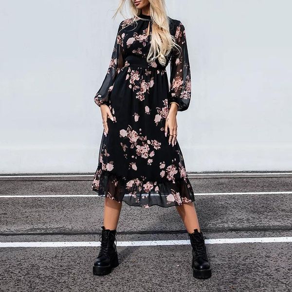 

casual dresses backless chiffon floral long dress women half high neck sleeve black party 2021 female a line ruffle vestidos autumn, Black;gray