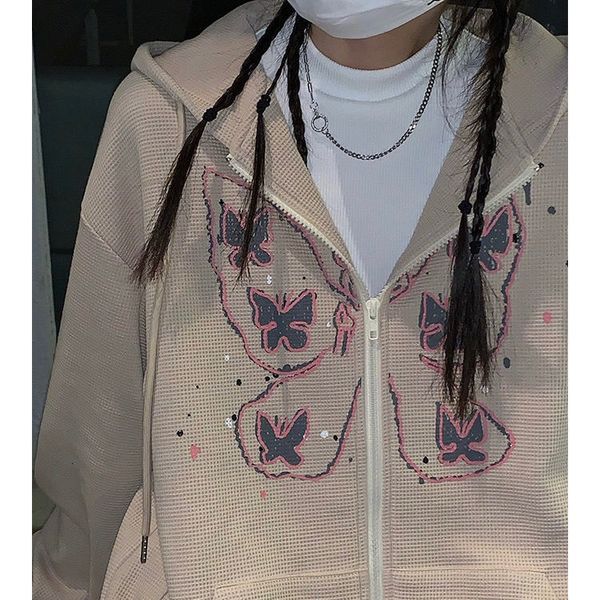 

women hoodie 2021 zip hooded sweatshirt waffle winter jacket oversized butterfly retro pocket woman clothes long sleeve pullover, Black