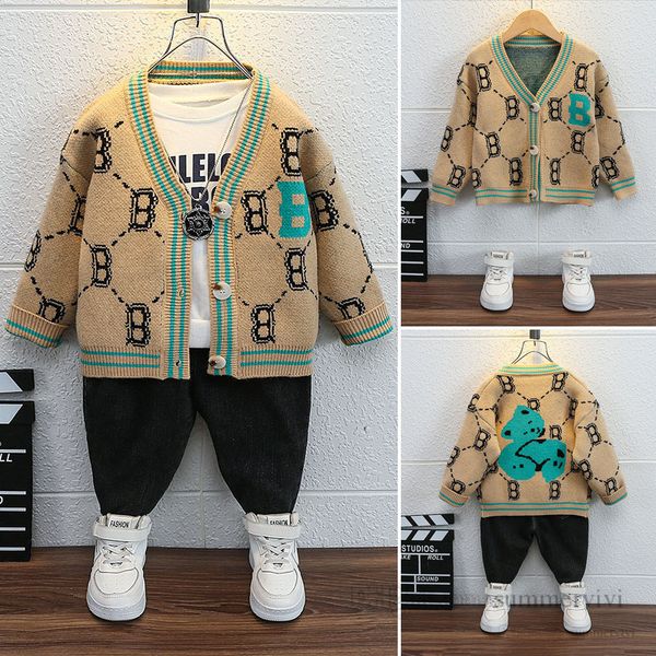 

spring boys letter diamond lattice knitted cardigan kids stripe v-neck long sleeve sweater outwear 2022 children cartoon casual clothes q49, Blue