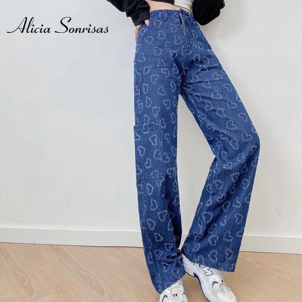 

women's jeans 2021 spring autumn trendy love edges design high waist slimming pants casual simple straight trousers, Blue