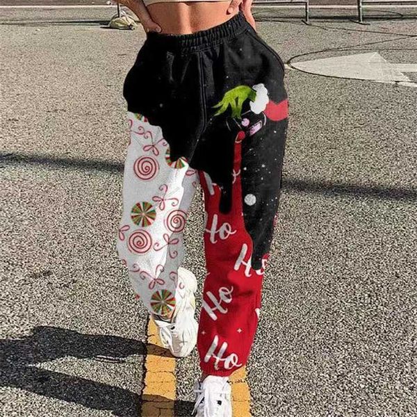 

women fashion high street pocket sweatpants christmas elk snowflake print trousers simple solid jogger long pants mujer 211115, Black;white