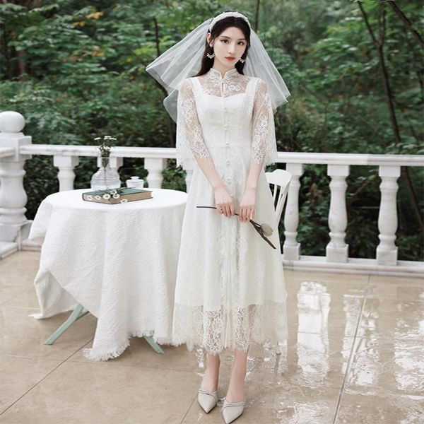 

ethnic clothing elegant embroidery lace half sleeve chiffon evening dress cheongsam back zipper prom fomail gown vestidos de noche, Red