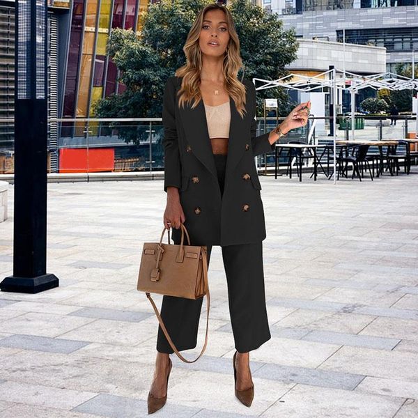 

women's two piece pants women suit arrivals tailored collar double breasted jacket mujer solid color casual straight free, White