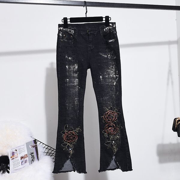 

streetwear fashion handwork beading embroidery flowers denim jacket split boot cut pants two piece set female casual jeans suit 12wo, Blue