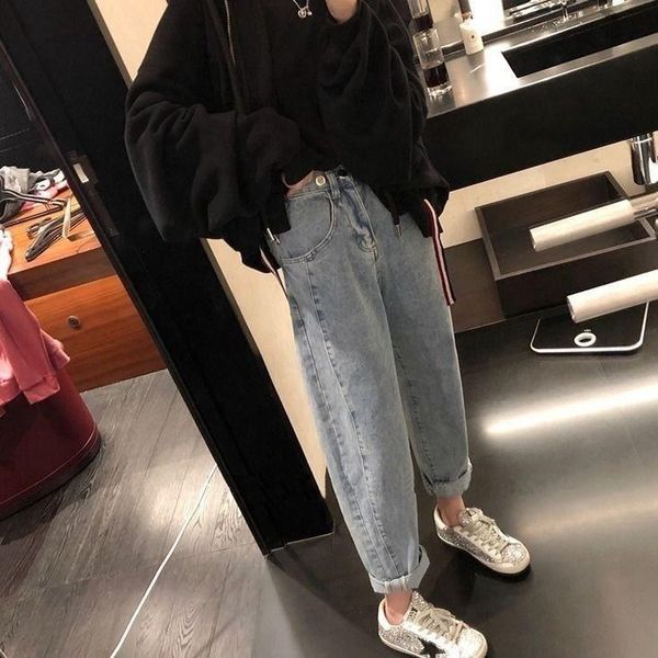 

women's jeans 2021 autumn korean style straight leg dad school, Blue