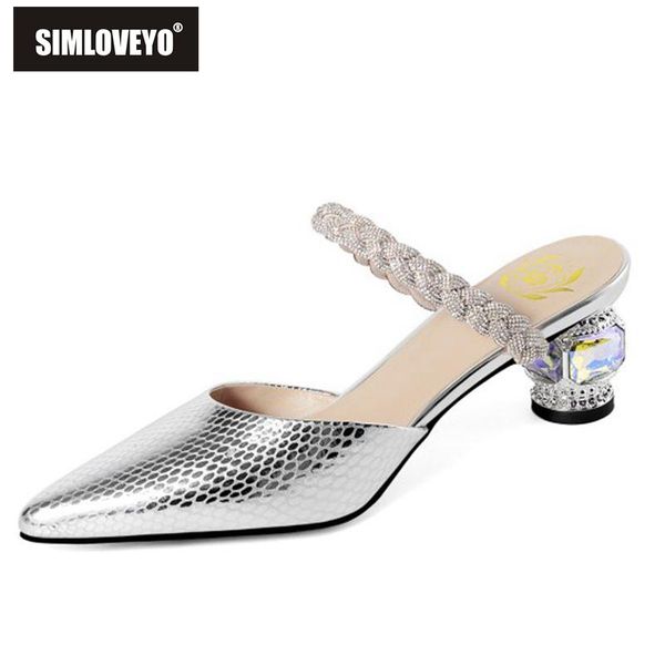 

slippers simloveyo women closed toe soft cow leather rome style summer crystal pointed high heels shoes party wedding b2622, Black