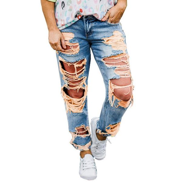 

women's jeans women summer ripped hole straight denim ladies plus size full length pants, Blue