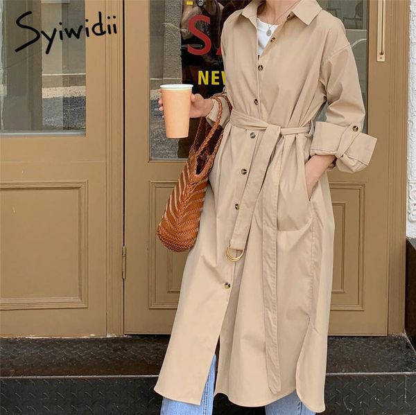 

women's trench coats syiwidii long sleeve for women fall winter 2021 korean single breasted turn-down collar a line jacket with belt, Tan;black
