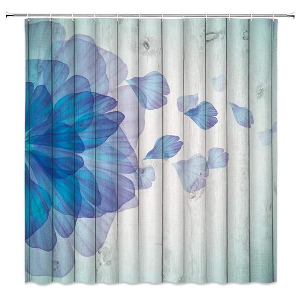 

farmhouse shower curtain abstract blue purple flower on rustic wooden board creative art spring plant floral fabric bathroom