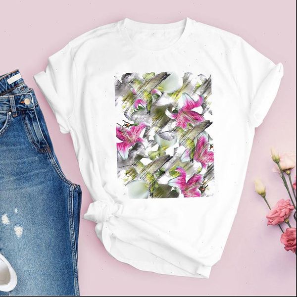 

women printing summer fall 90s graphic flower floral elegant print lady tees clothing female t shirt womens t shirt, White