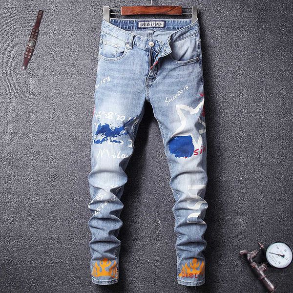 

men's jeans fashion streetwear slim fit elastic printed men personality night club pants designer hip hop homme ogxz ncwj, Blue