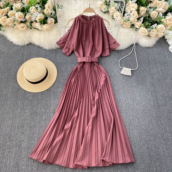 

2021 red/green/khaki pleated long women elegant o-neck short sleeve high waist draped vestidos with sashes female spring autumn 8qf8, Black;gray