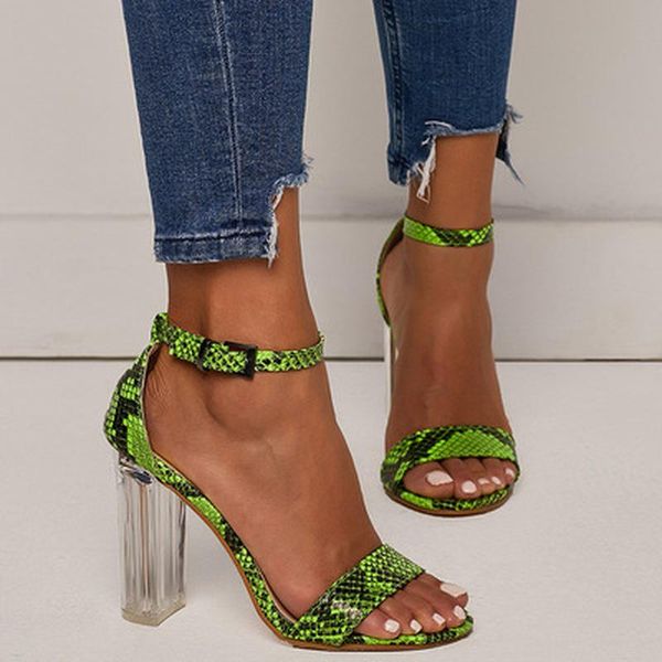 

sandals 2021 summer women shoes plus size 35-42 crystal heel fluorescent green snake pattern buckle high heels women's, Black
