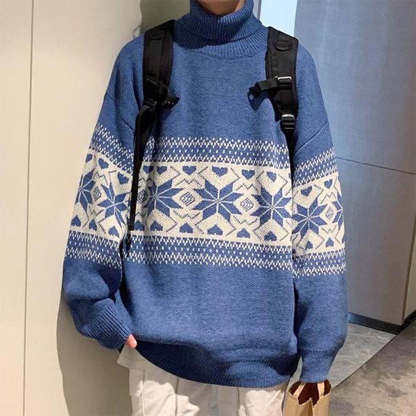 

men's sweaters printed retro turtleneck sweater knitted flower loose casual long sleeve warm clothing fall/winter pullover men coat, White;black