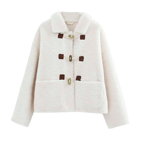 PERHAPS U Women Camel White Solid Jacket Turn Down Collar Pelliccia sintetica Lana d'agnello Bottone in corno Tasca monopetto C0049 210529