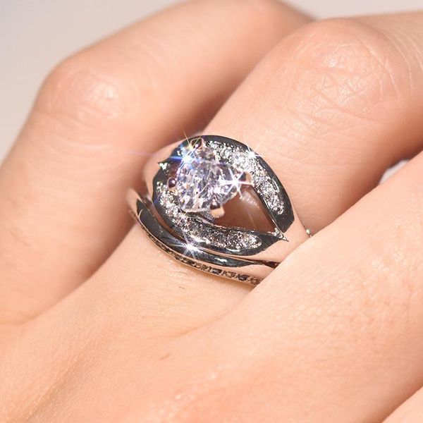 

cluster rings 925 silver color real diamond ring set for women banquet engagement bizuteria wedding gemstone box anillos fine jewelry, Golden;silver