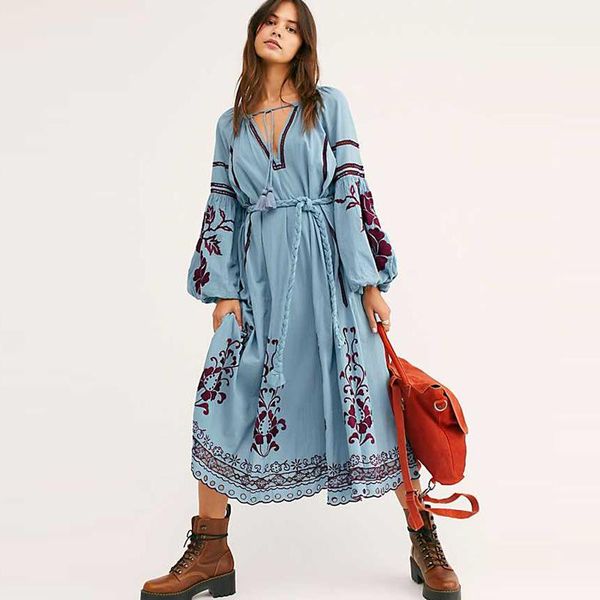 

casual dresses lantern long sleeve tunic dress women vintage ethnic floral print embroidery blue cotton autumn vestidos boho robe 2021, Black;gray