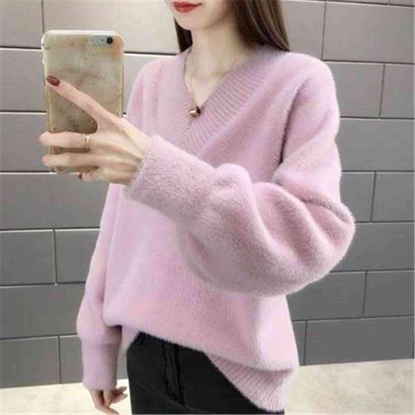 

women winter v neck womens sweater thick pullovers fake mink cashmere elegant slim trendy all match korean style casual zy5129, White;black
