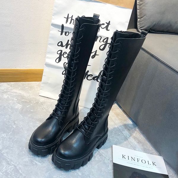

2021 new chunky women autumn fashion lace up knee high long boots woman waterproof pu leather shoes 1sz7, Black