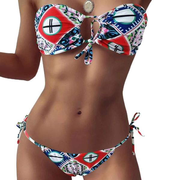 

one-piece suits women's bandeau bathing suit, strapless cutout bikini + tie side bottom three pieces swimsuit set 2021