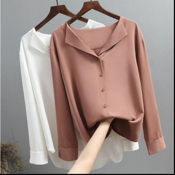 

blouses woman 2021 long sleeve chiffon blouse women shirts female solid white brown v neck office blusas a296