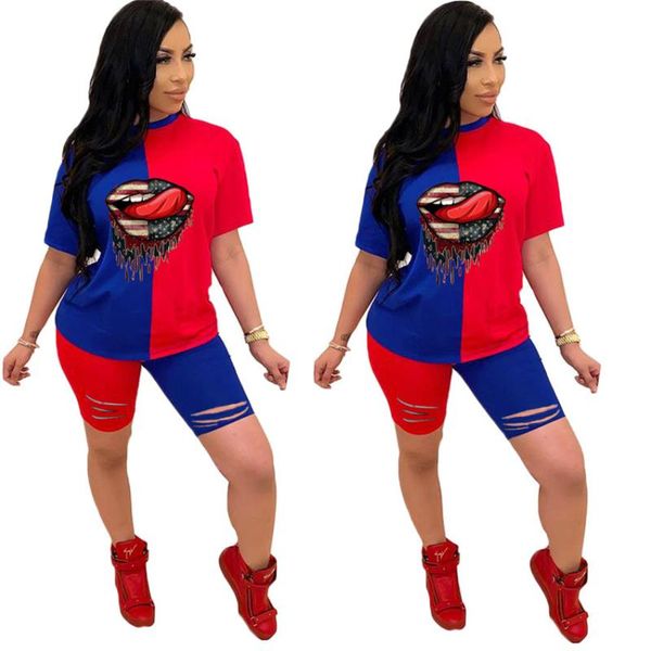 

two casual designer sets fashion summer pieces lips patchwork o-neck tracksuits ladies woman sports short sleeve holes casual outfits rfqhs, Black
