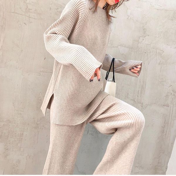 

women's two piece pants cashmere sweater+ knitted suit women long sleeve set and tracksuit outwear, White