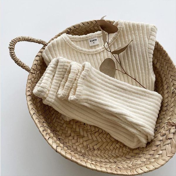 

autumn winter baby boys and girls clothes set ribbed sweater bottom shirts pants childrens clothing 2 piece, White