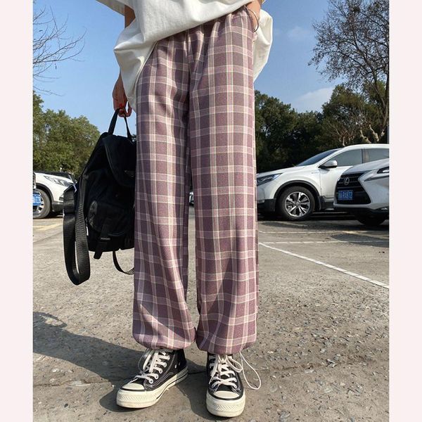

women's trousers korean summer 2021 japanese art plaid pants ladies casual loose wide-leg pants harajuku straight trousers, Black;white