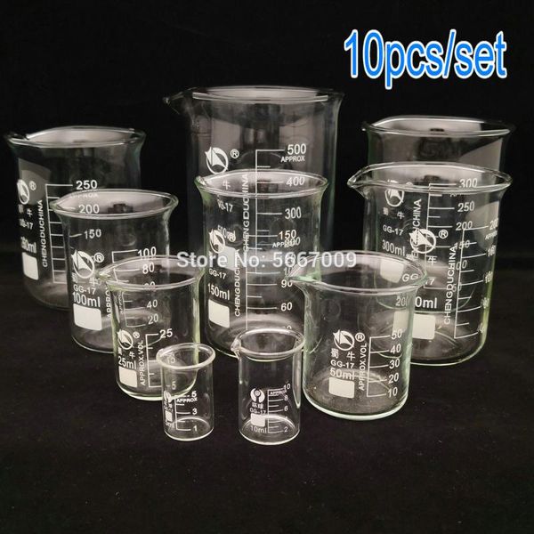 

10pcs/set lab 5ml 10ml 25ml 50ml 100ml 150ml 200ml 250ml 300ml 500ml gg-17 graduated transparent borosilicate glass beaker