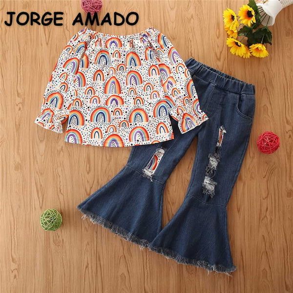 Primavera adolescente meninas 2-pçs sets arco-íris shrts sem ombros + buracos flared jeans crianças roupas e8050 210610