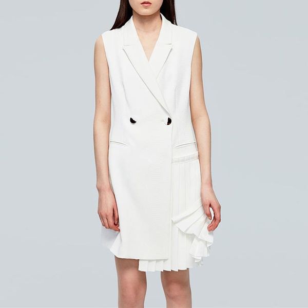

2021 summer women suit collar pleated asymmetrical dress office lady sleeveless elegant white blazer vest dress vestidos, Black;gray