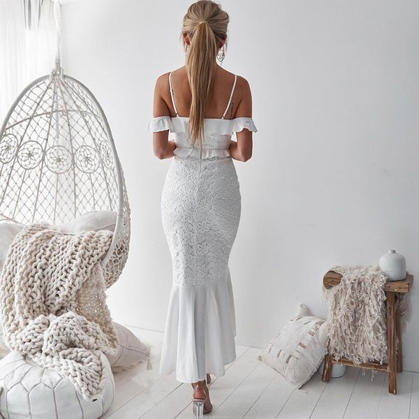 

women burgundy mermaid lace dress ruffles bodycon dress spaghetti strap cocktail party summer white dress vestidos, Black;gray
