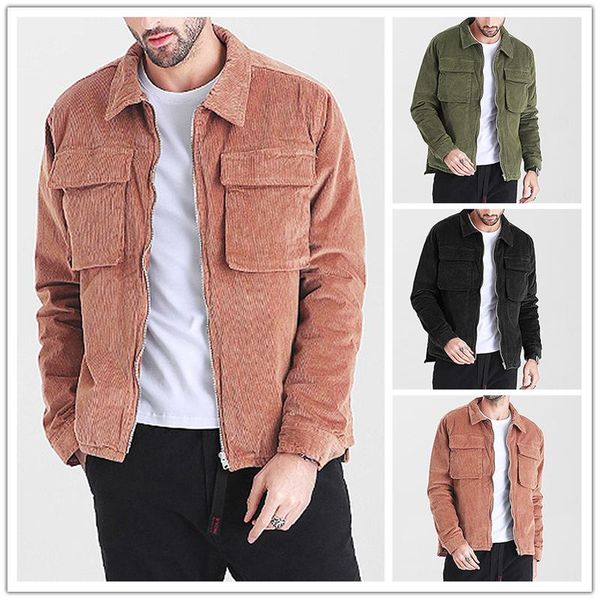 

autumn winter mens corduroy jackets coat solid color warm casual long sleeve pocket bomber mens jackets and coats outerwear, Black;brown