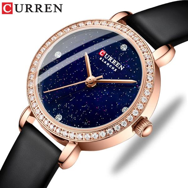 

wristwatches curren fashion luxury watches women's quartz clock with starry sky dial 2021 leather rhinestone female, Slivery;brown