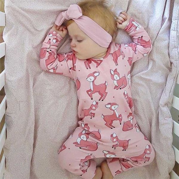 Bebek Kız Romper Pamuk Uzun Kollu Pembe Geyik Baskı Tulum Doğan Giysi Pijama Bebek Giyim Kıyafetleri 211101