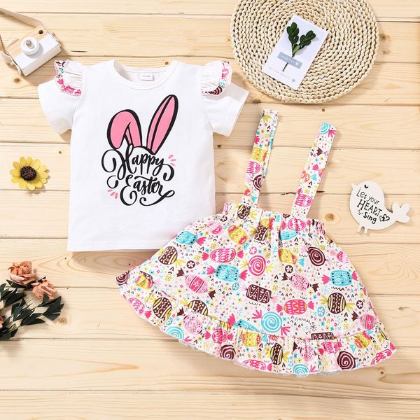 

girls rabbit print letter flying sleeve strap skirt 2021 european and american summer two-piece suit gc23, White